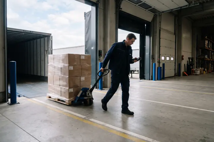 A warehouse worker pulls a shrink-wrapped pallet to a trailer at the loading dock and checks the shipment on a handheld scanner.