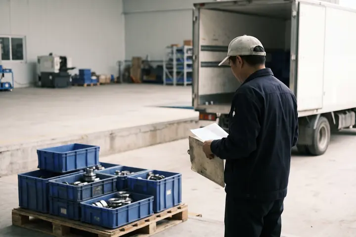 A receiving clerk checks a delivery note against crates of machined parts beside the supplier’s truck.